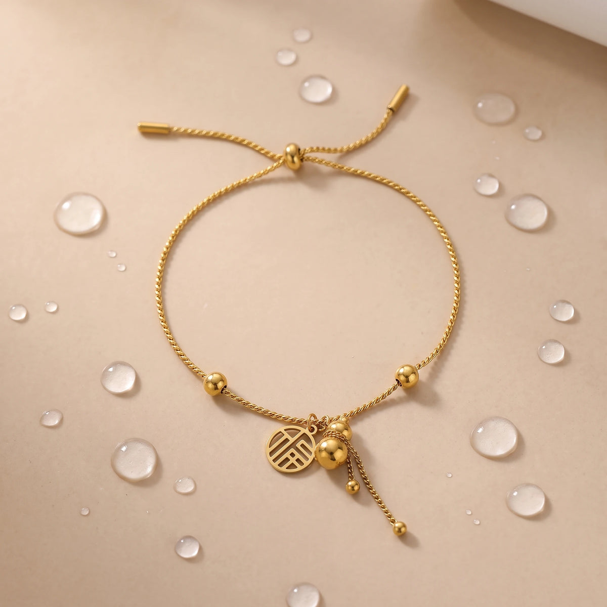 QIAOREN 13299 National Wind Lucky Bracelet 18K Gold Stainless Steel Fu Character Gourd Pendant Adjustable Slider Pull Wire Bead