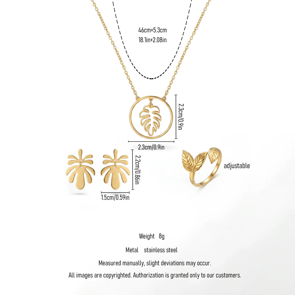 QIAOREN11930 Elegant Boho Monstera Leaf Jewelry Set Stainless Steel Gold  Pendant Necklace Leaf Earrings Ring Gift for Women