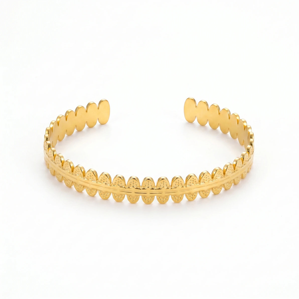 QIAOREN 12717 Stainless Steel 18K Gold Adjustable Cuff Bracelet Textured Oval Disc Bangle For Women Daily Jewelry