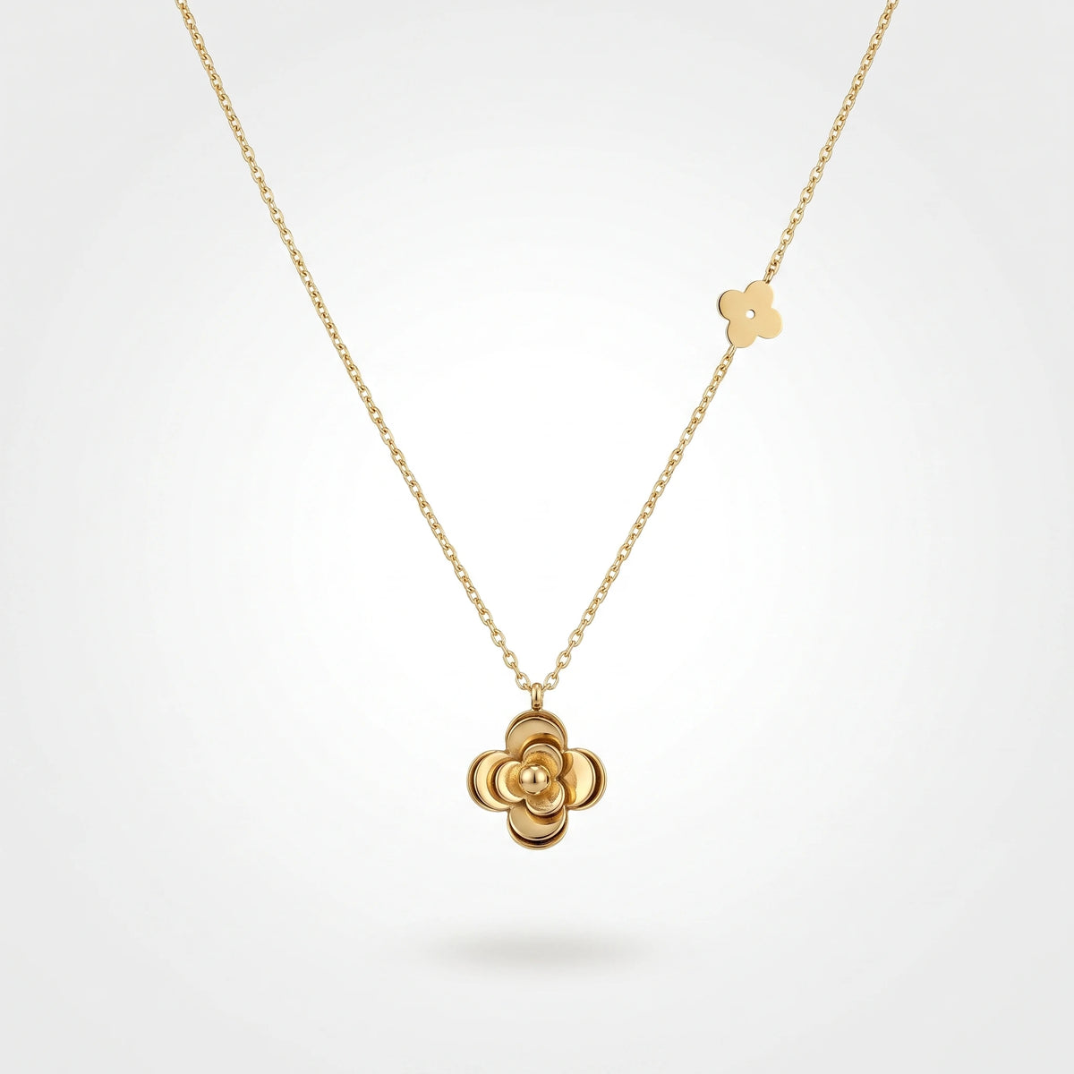 QIAOREN 13763 Thin Oval Link Chain Pendant Necklace with 3D Layered Four Leaf Flower Charm & Small Side Floral Jewelry