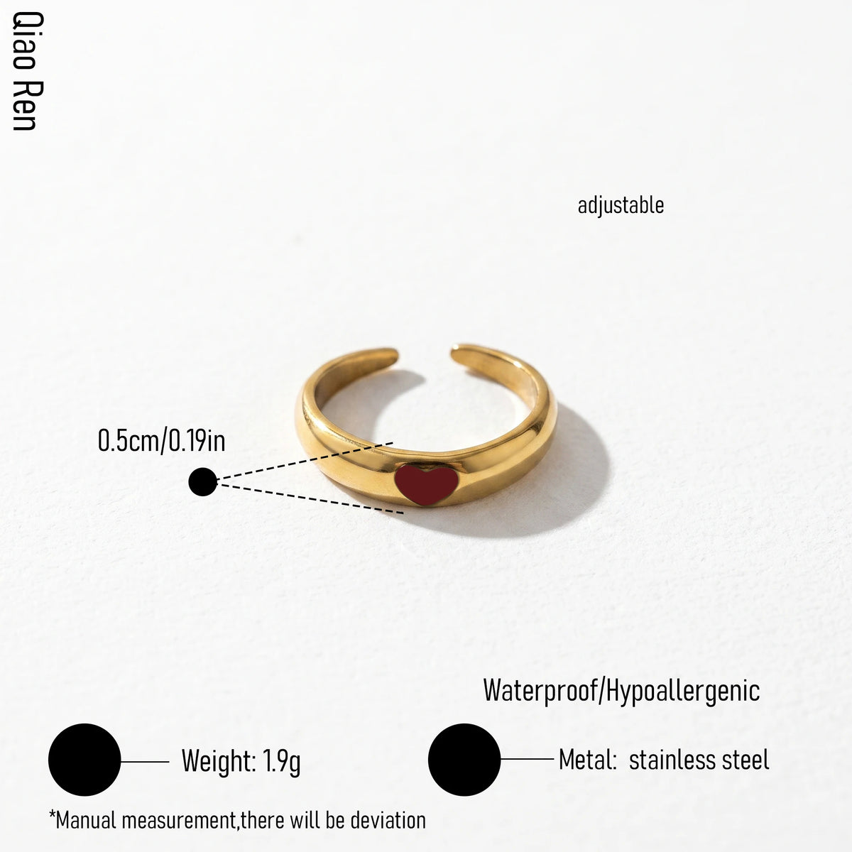 QIAOREN 14180-83 Red Enamel Heart & Sun Open Ring Set, Irregular Love Shape Adjustable Stackable Ring Jewelry Gift