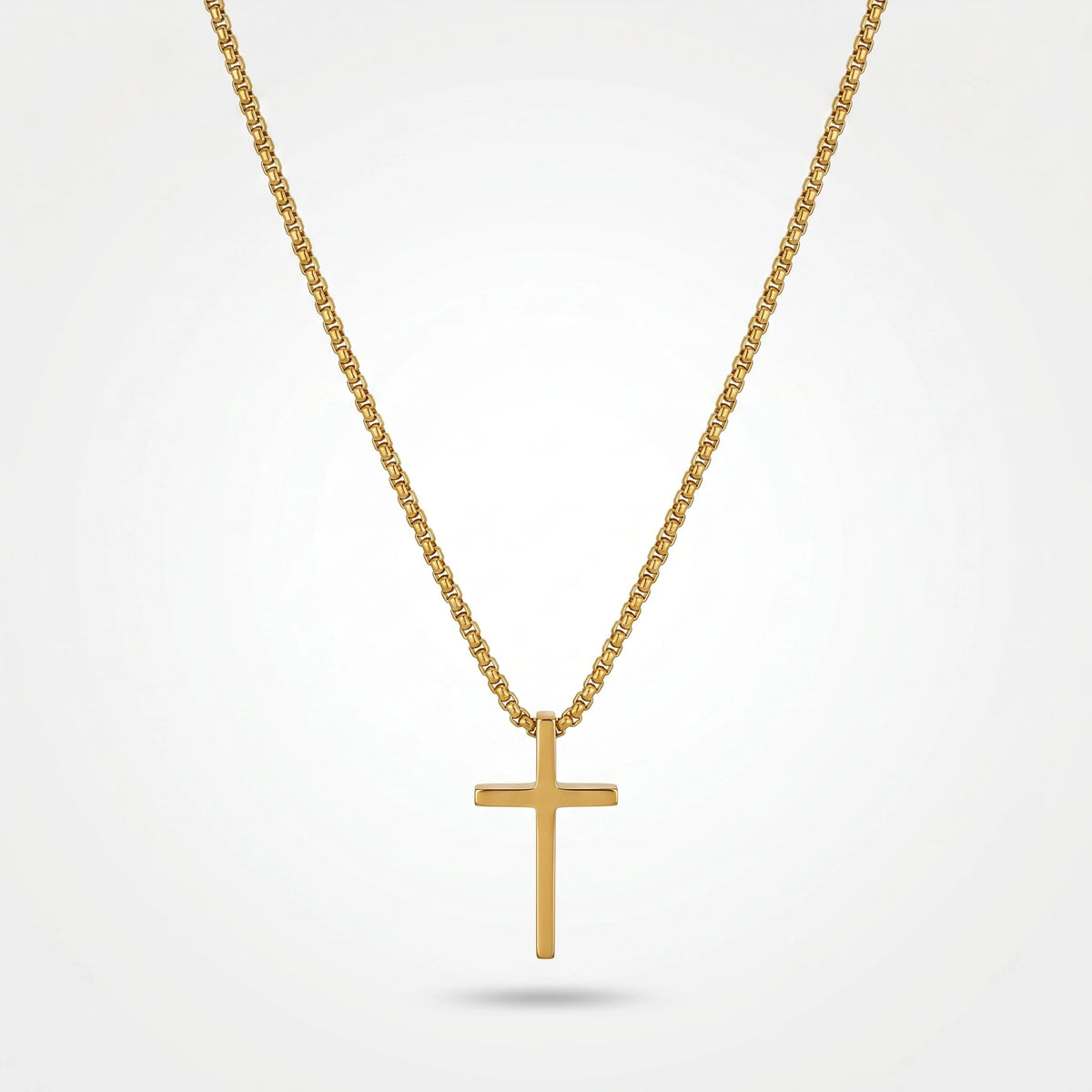 QIAOREN 10653 Trendy Minimalist Cross Pendant Box Chain Necklace 18K Gold Plated Stainless Steel Sweat-Proof Hypoallergenic