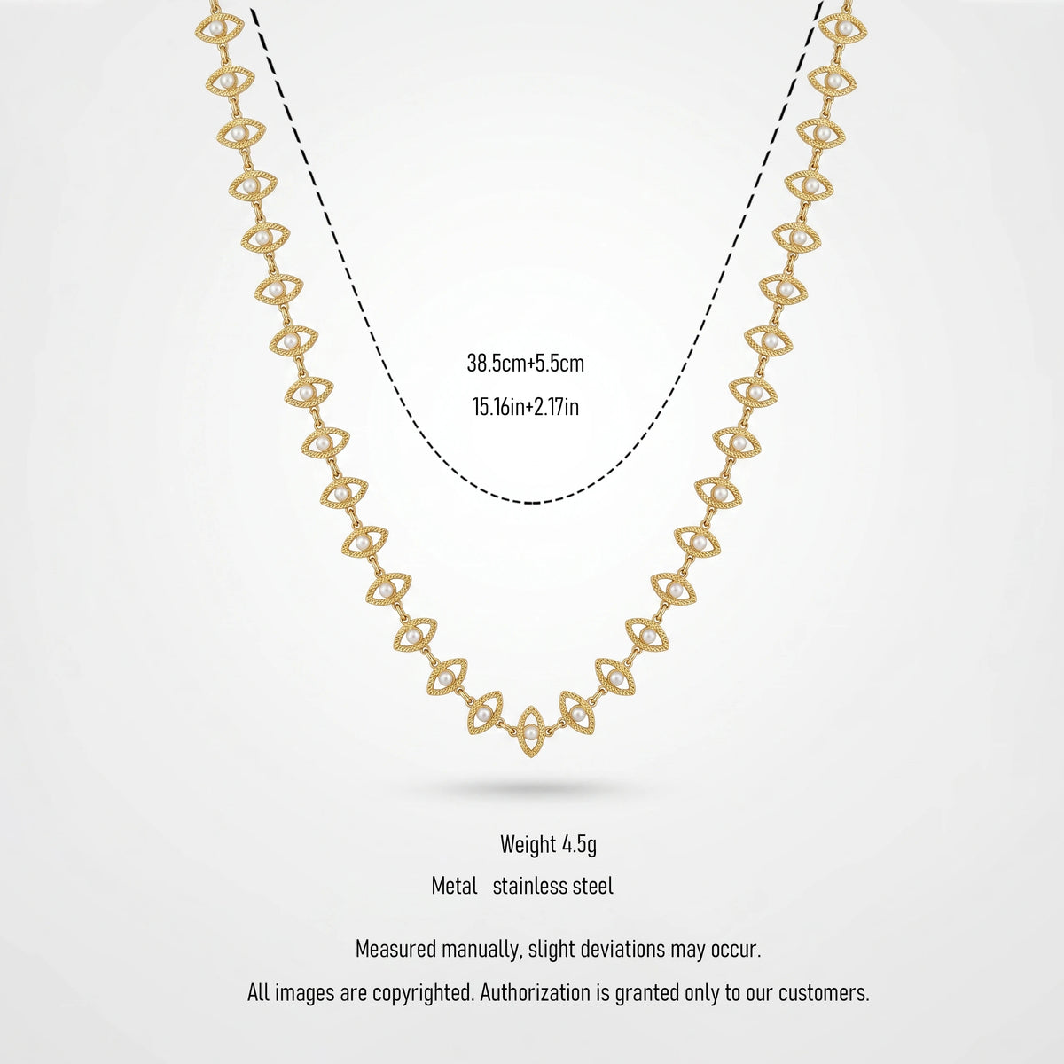 QIAOREN 13848 Stainless Steel Pearl Marquise Link Necklace Waterproof Hypoallergenic Minimalist Choker for Women