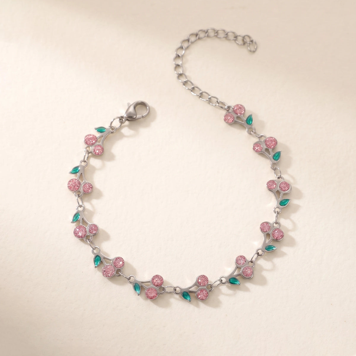 QIAOREN 12224-33 Waterproof Stainless Steel Gold Cherry Bracelet Pink Rhinestone Leaf Charm Bracelet for Women
