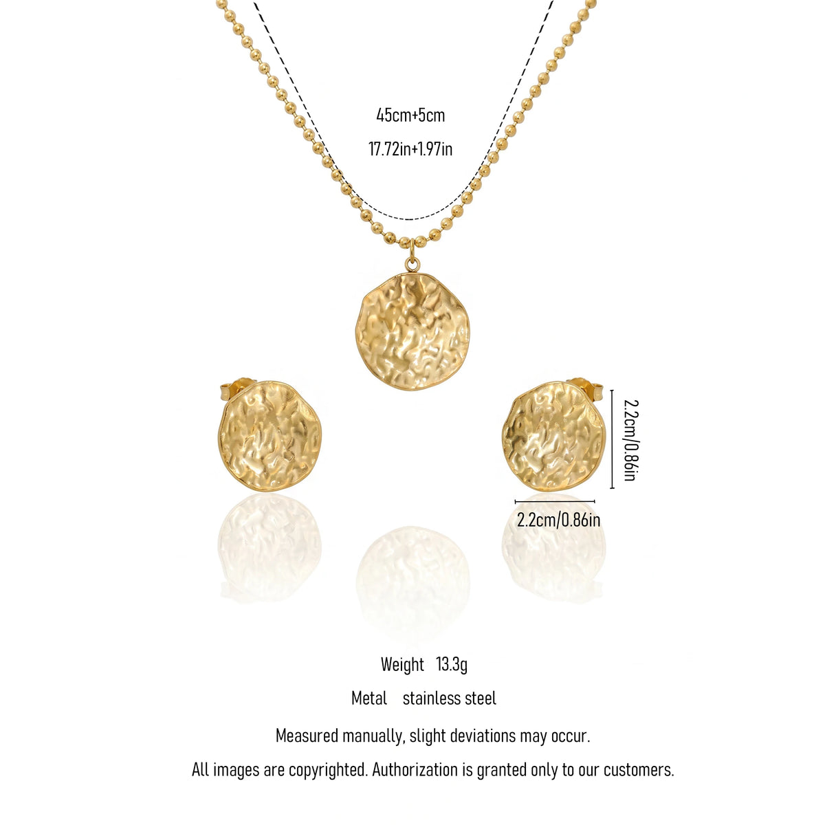QIAOREN 11694 Tarnish Free 18K Gold Stainless Steel Hammered Disc Jewelry Set Ball Chain Necklace & Stud Earrings