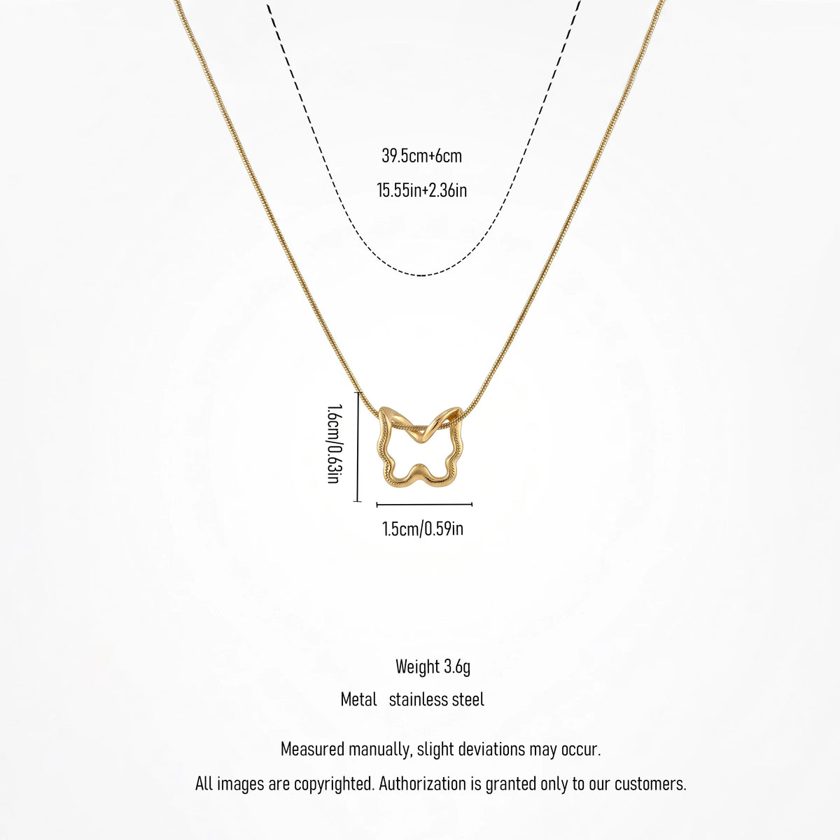 QIAOREN 13802 Thin Snake Chain Hollow Outline Butterfly Pendant Necklace with Beaded Border Texture Frame, Polished Matte Gold