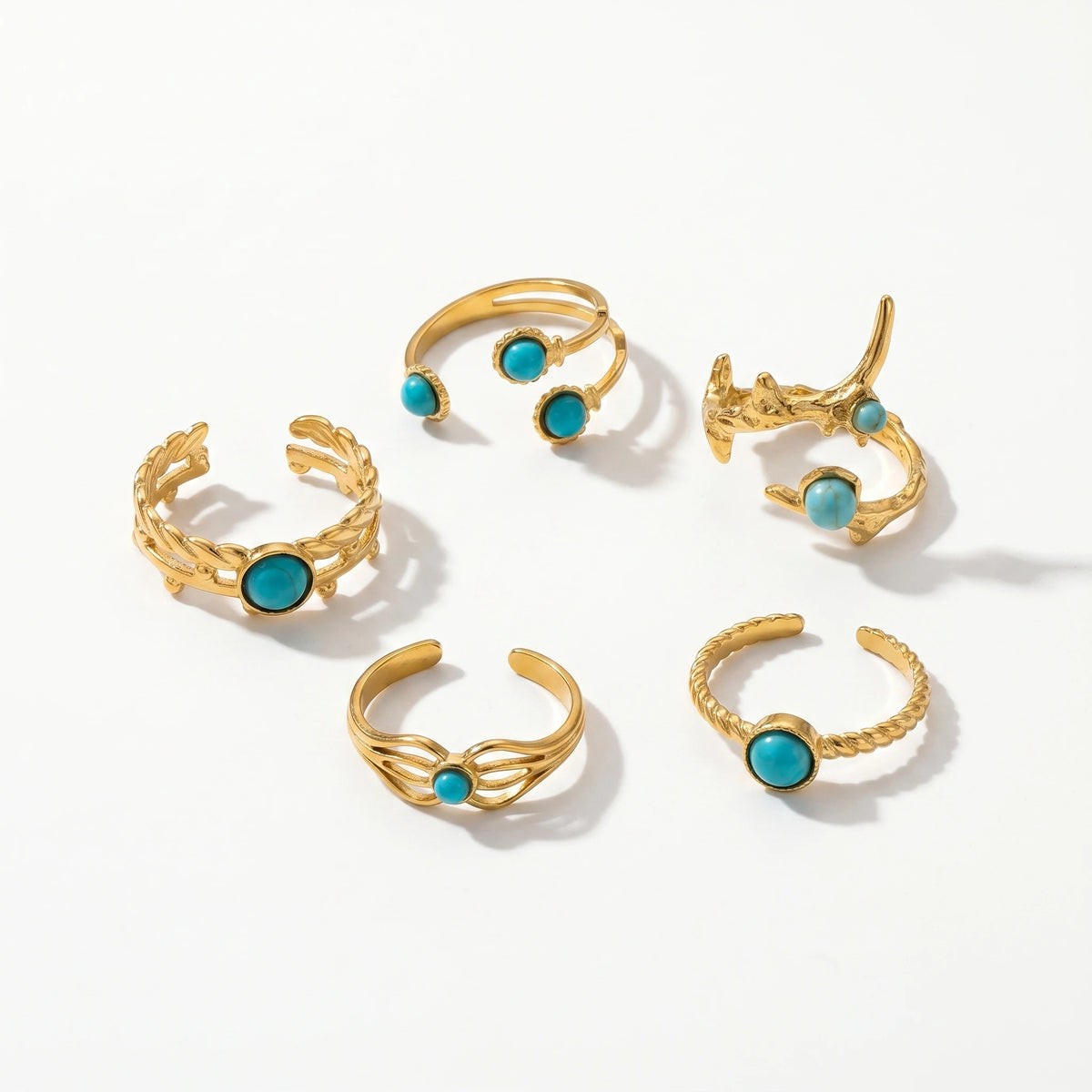 QIAOREN 18K Gold Stainless Steel Turquoise Open Ring Set, Waterproof Vintage Adjustable Boho Stackable Rings