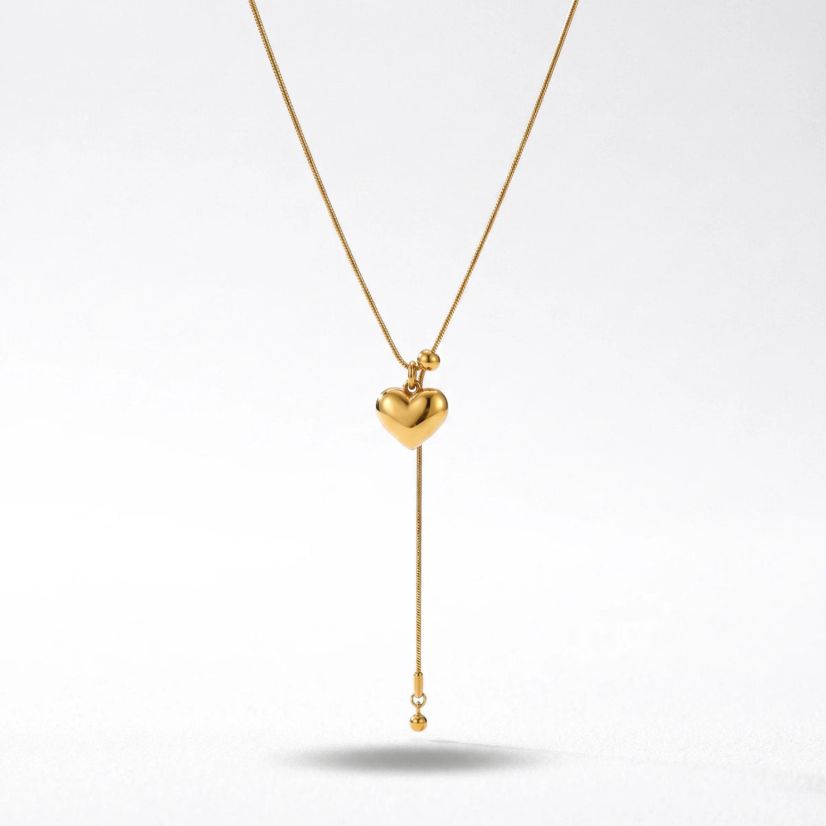 QIAOREN 12917 18K Gold Plated 316L Stainless Steel Puffed Heart Y Necklace Waterproof Tarnish Free Snake Chain Lariat Jewelry