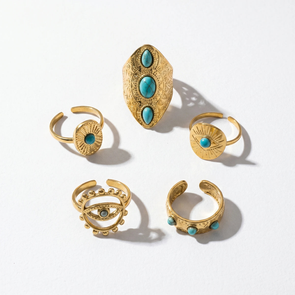 QIAOREN 10033 Stainless Steel Boho Turquoise Adjustable Ring Set Vintage Stackable Knuckle Rings Western Jewelry for Women