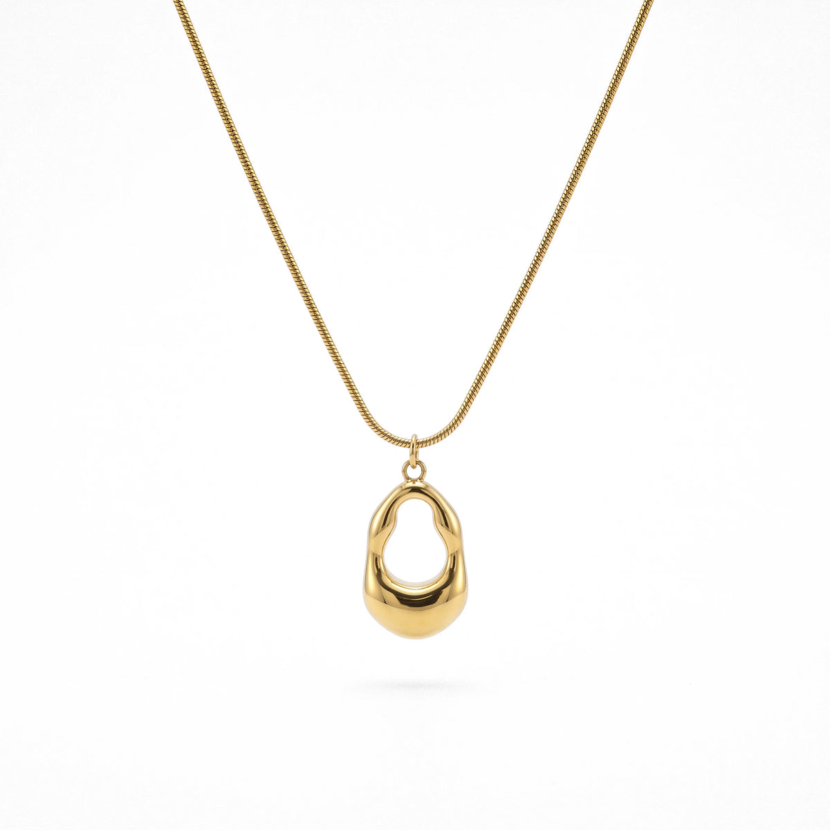 QIAOREN 13750 Thin Snake Chain Pendant Necklace with Smooth Hollow Teardrop Oval Loop Charm, Polished Gloss Jewelry