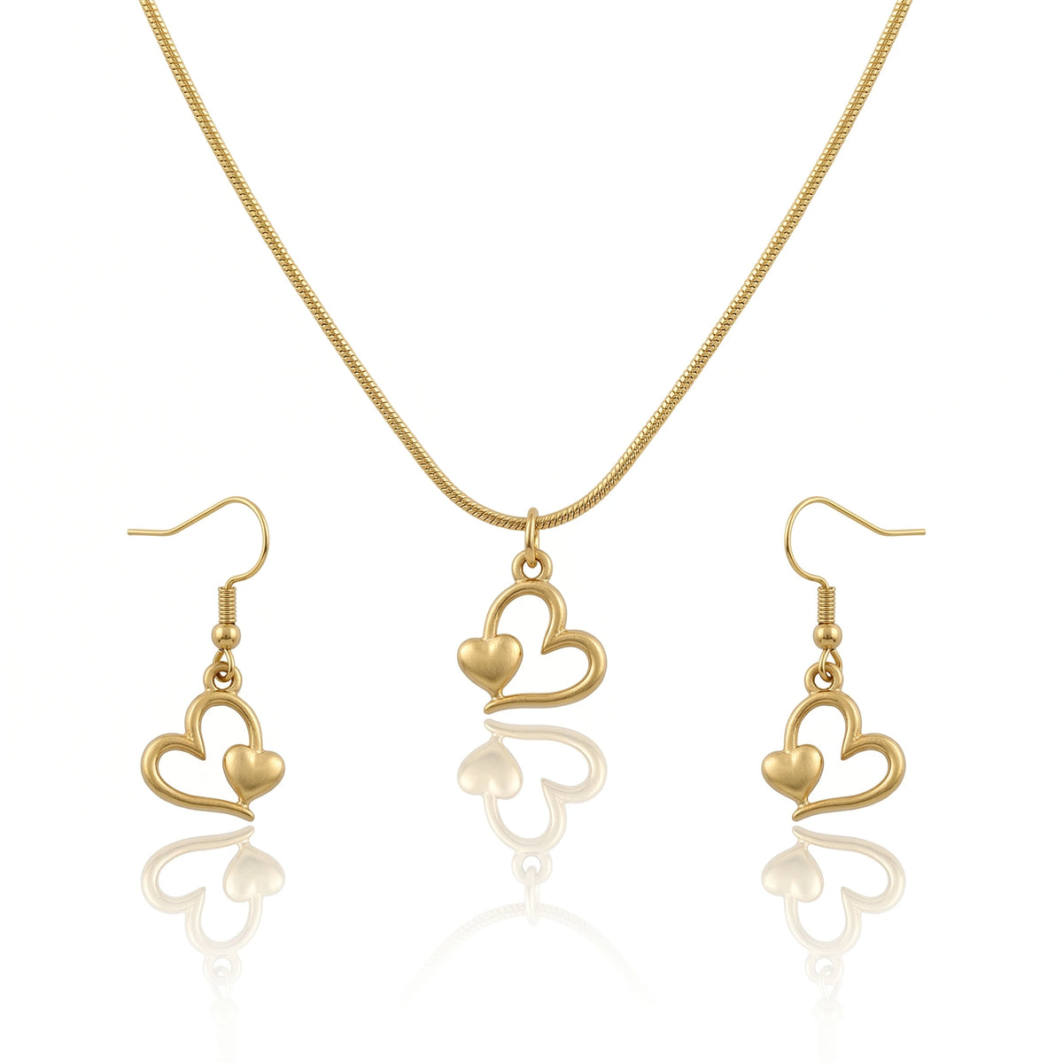 QIAOREN 11573 Minimalist Romantic Double Heart Jewelry Set, 18K Gold Stainless Steel Snake Chain Necklace Dangle Earrings