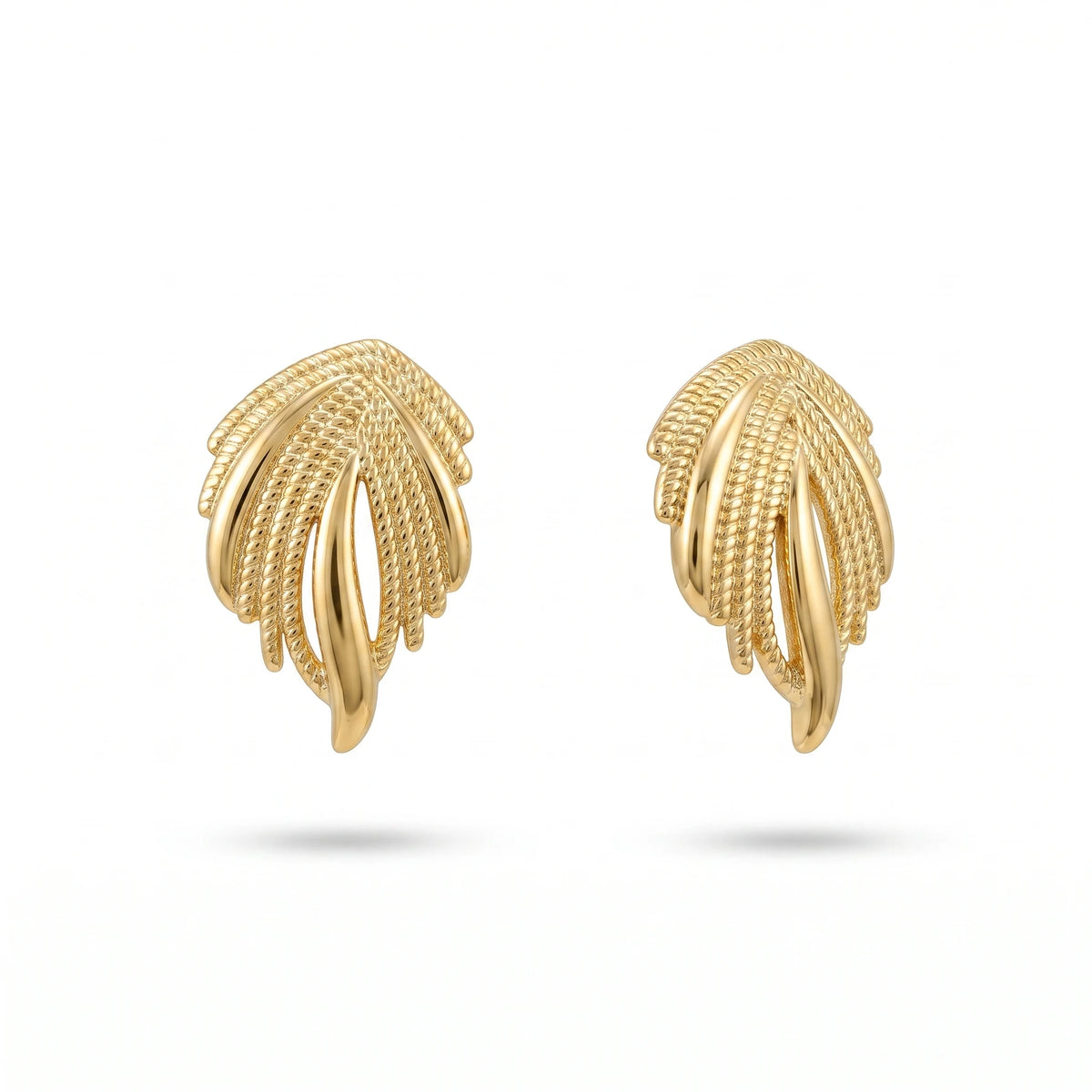 QIAOREN 14017 Polished Gold Twisted Rope Textured Leaf  Earrings, Hollow Layered Feather Shape Ear Stud Jewelry Gift