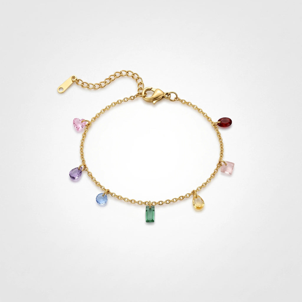 QIAOREN 13293 Gold Plated Stainless Steel Colorful Crystal Charm Bracelet Cubic Zirconia Dainty Chain Jewelry for Women