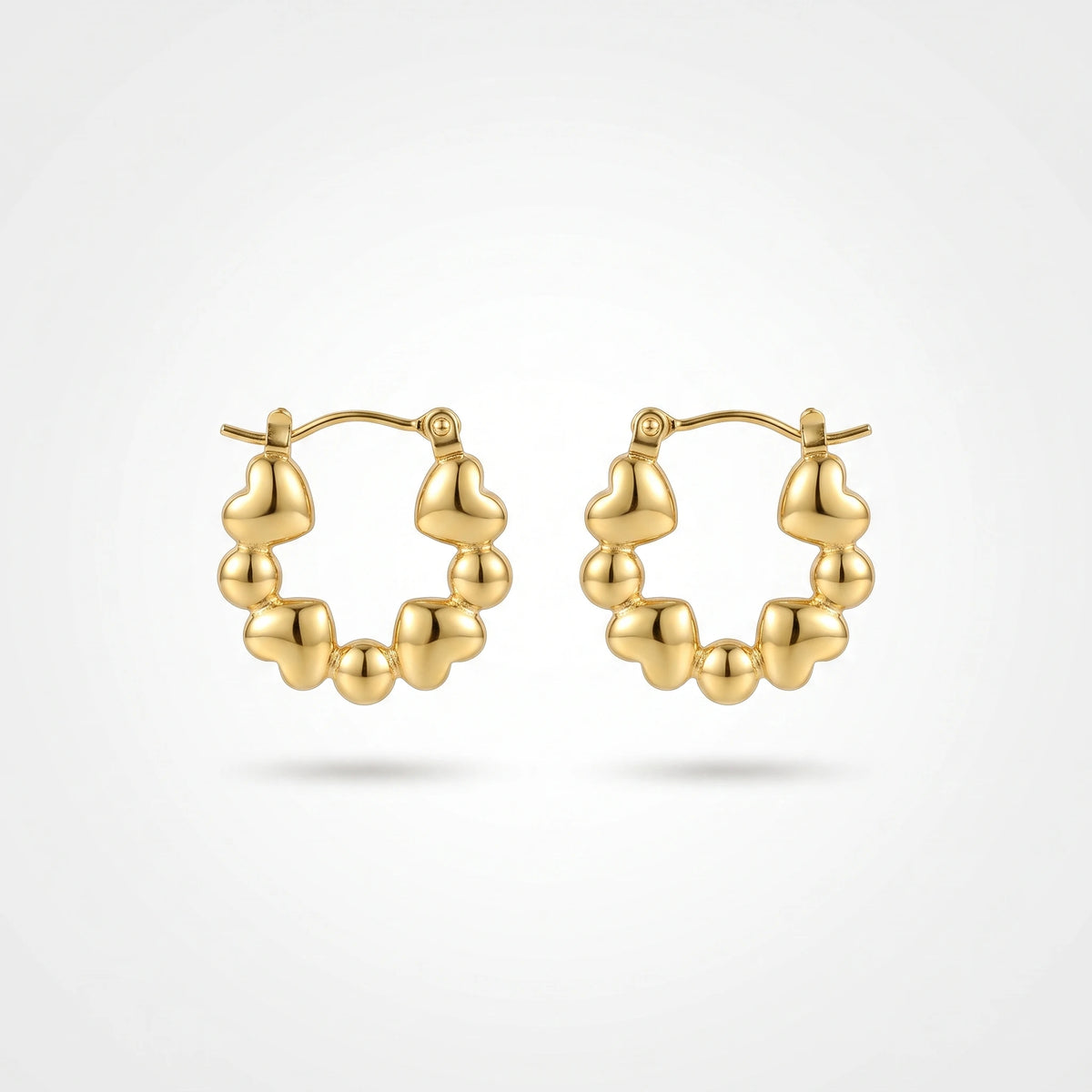 QIAOREN 13265 Gold Tone Heart Bead Wreath Circle Stud Earrings Polished Puffy Love & Ball Combo Click Back Studs Romantic Sweet