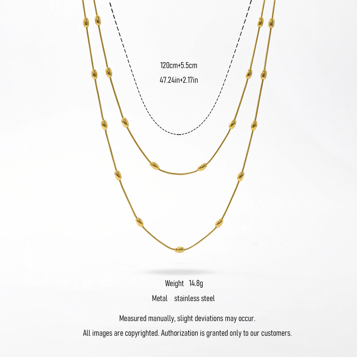 QIAOREN 13568 Gold Stainless Steel Layered Long Chain Necklace with Beaded Station Design Minimalist Fashion Jewelry for Women