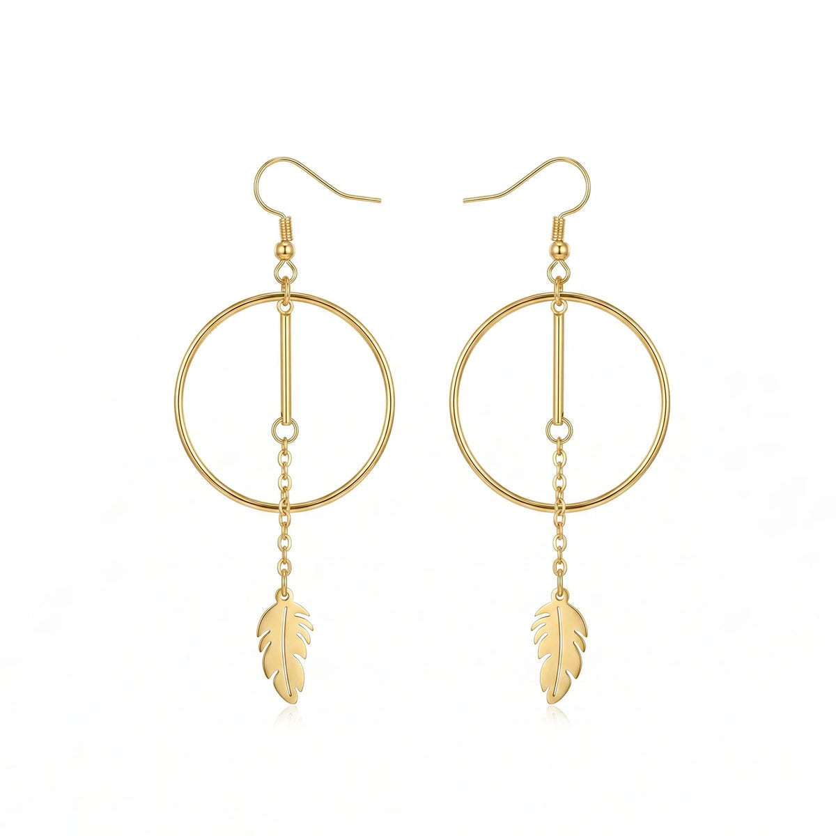 QIAOREN 11853 Elegant Minimalist Circle Bar  Drop Earrings Gold Stainless Steel Long Tassel Leaf Jewelry Gift for Women EU US