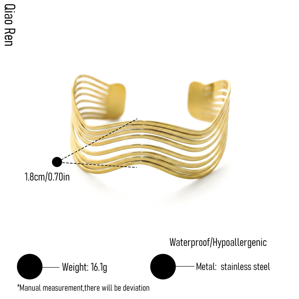 QIAOREN 14112 Stainless Steel Wave Open Cuff Bracelet Gold Minimalist Layered Waterproof Jewelry OEM ODM