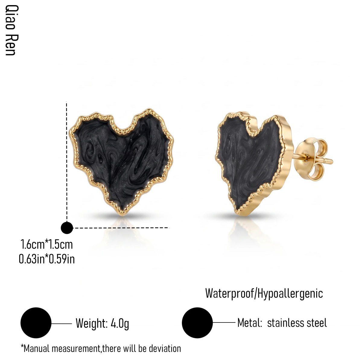 QIAOREN 14078-80 Irregular Wavy Heart Stud Earrings, Beaded Border Enamel Heart Ear Stud Jewelry Gift for Daily Fashion Outfits
