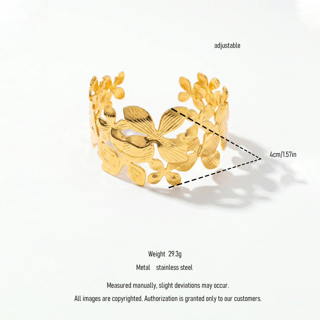 QIAOREN 12705 Vintage Overlapping Clover Floral Cutout Wide Cuff Bangle Hypoallergenic Stainless Steel Gold Bracelet Bridal Gift