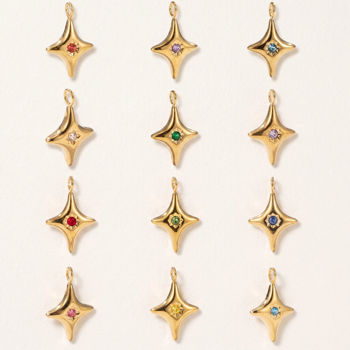 QIAOREN 13894-905 Birthstone Bezel Set Four Point Star Charm Pendant with Center Round Multicolor CZ Stone for Making DIY