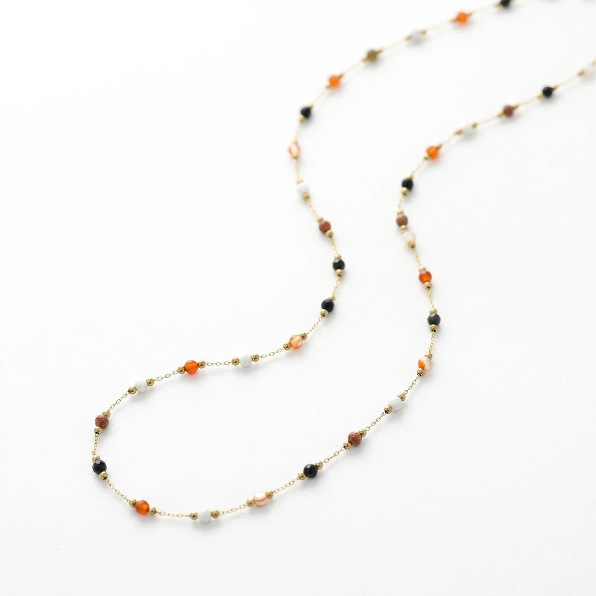 QIAOREN 13534 Mixed Stone Stainless Steel Necklace, Red Agate Black Onyx White Jade Faceted Round Beads