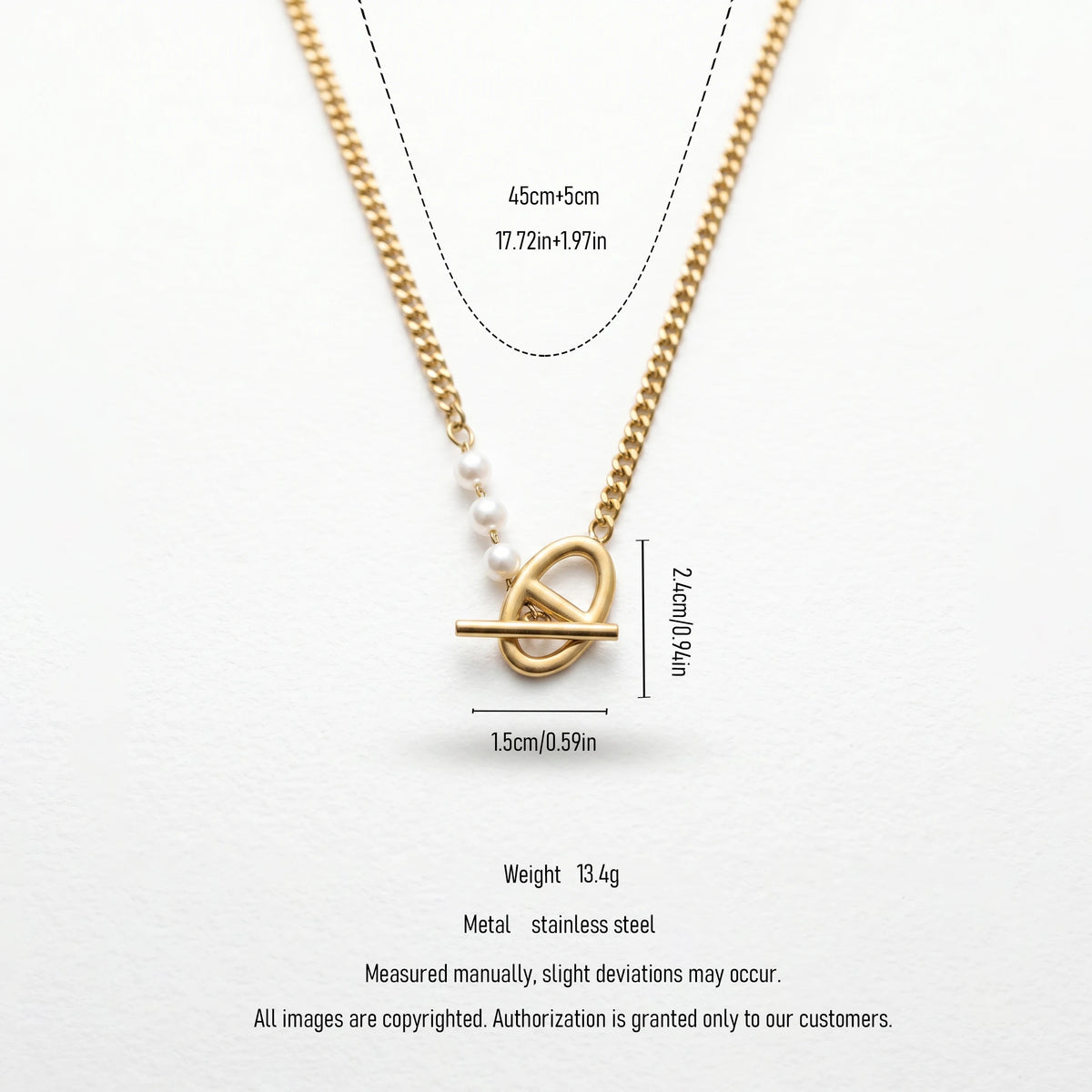 QIAOREN 11305 Tarnish Resistant Waterproof 18K Gold Plated Stainless Steel Pearl Toggle Curb Chain Necklace