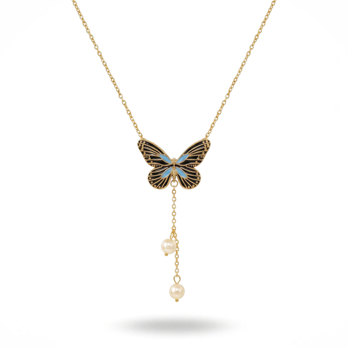 QIAOREN 13470 Vintage Enamel Butterfly Y Drop Necklace with Two Dangle Pearl Charms, Elegant Retro Neck Jewelry Gift