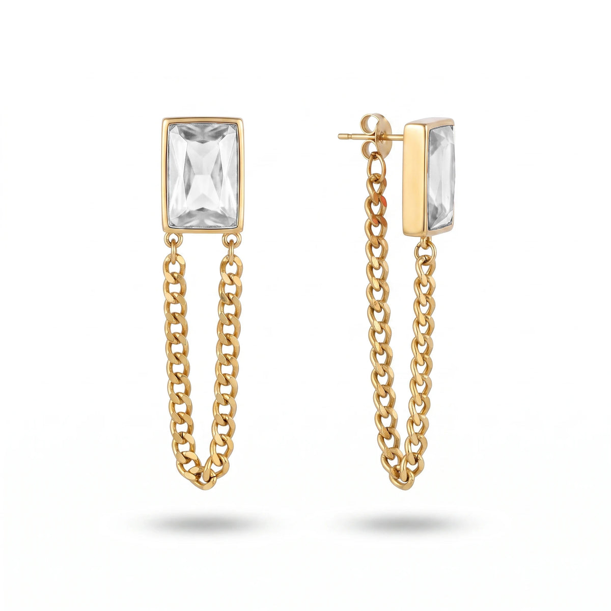 QIAOREN 13447-54 Gold Tone Rectangle Multiple Colors Crystal Double Chain Drop Stud Earrings Retro Punk Tassel Dangle Earring