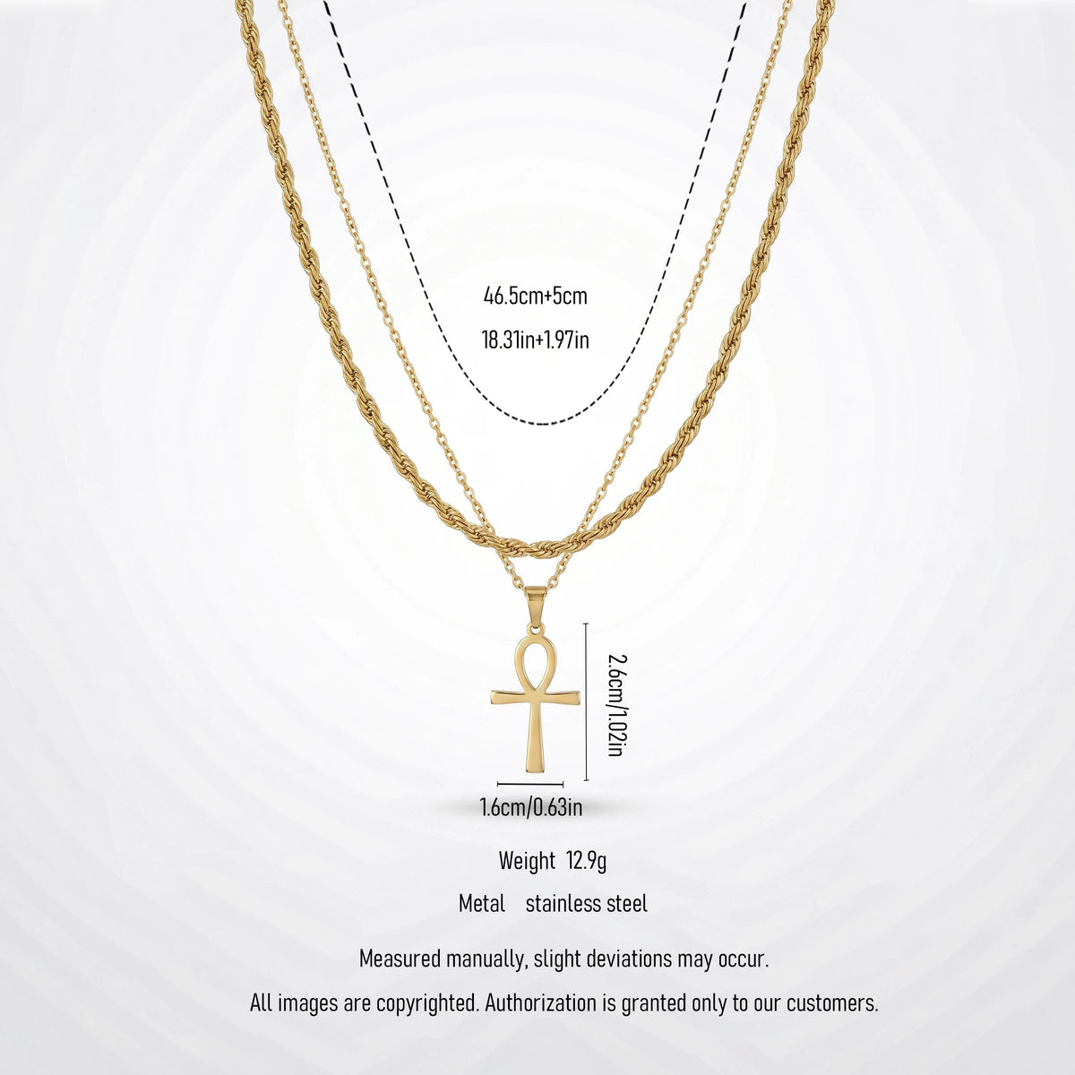 QIAOREN 11495 Rust Resistant Waterproof 18K Gold Plated Stainless Steel Ankh Symbol Layered Necklace