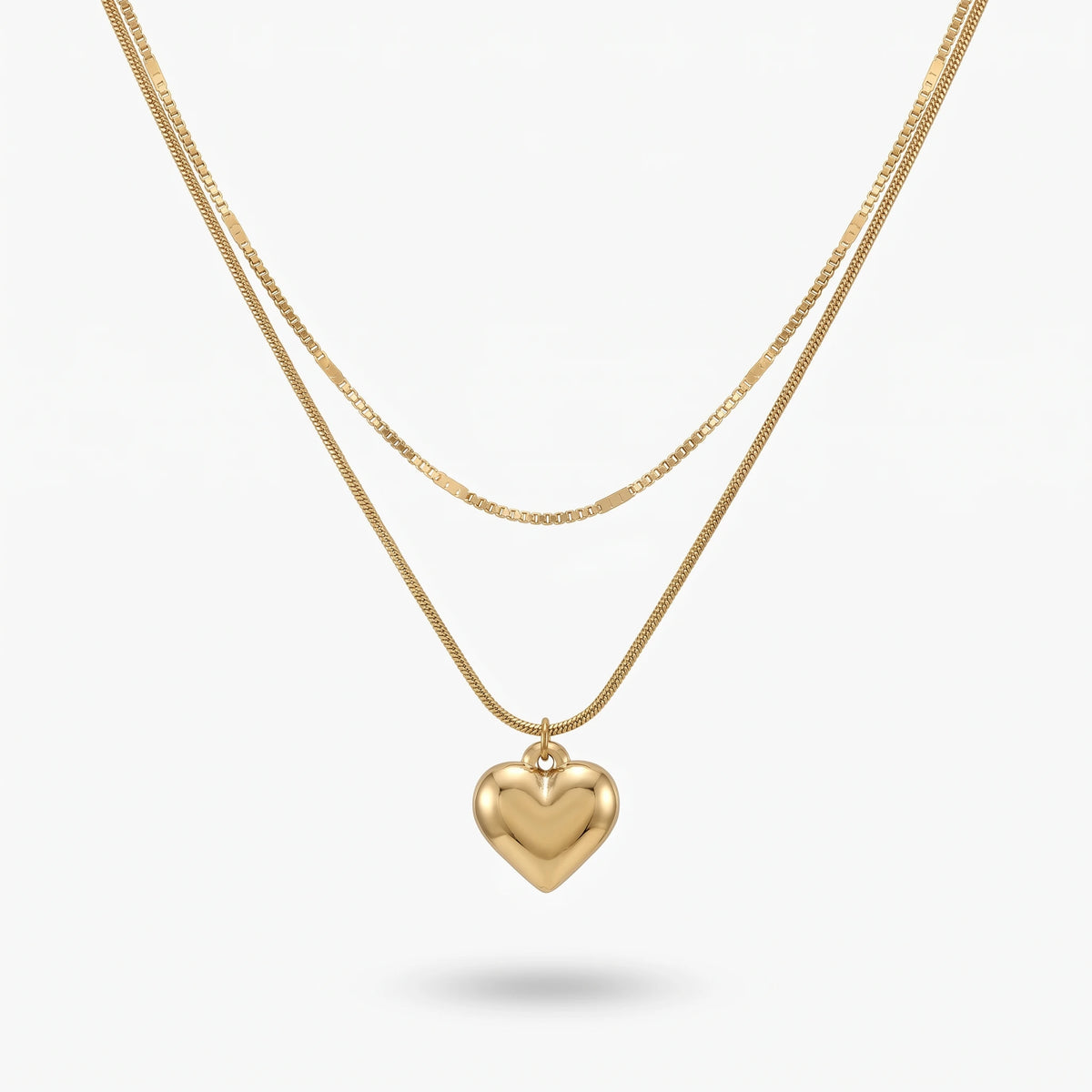 QIAOREN 11235 18K Gold Plated Double Layer Stainless Steel Heart Pendant Necklace Tarnish Free Waterproof Jewelry for Women