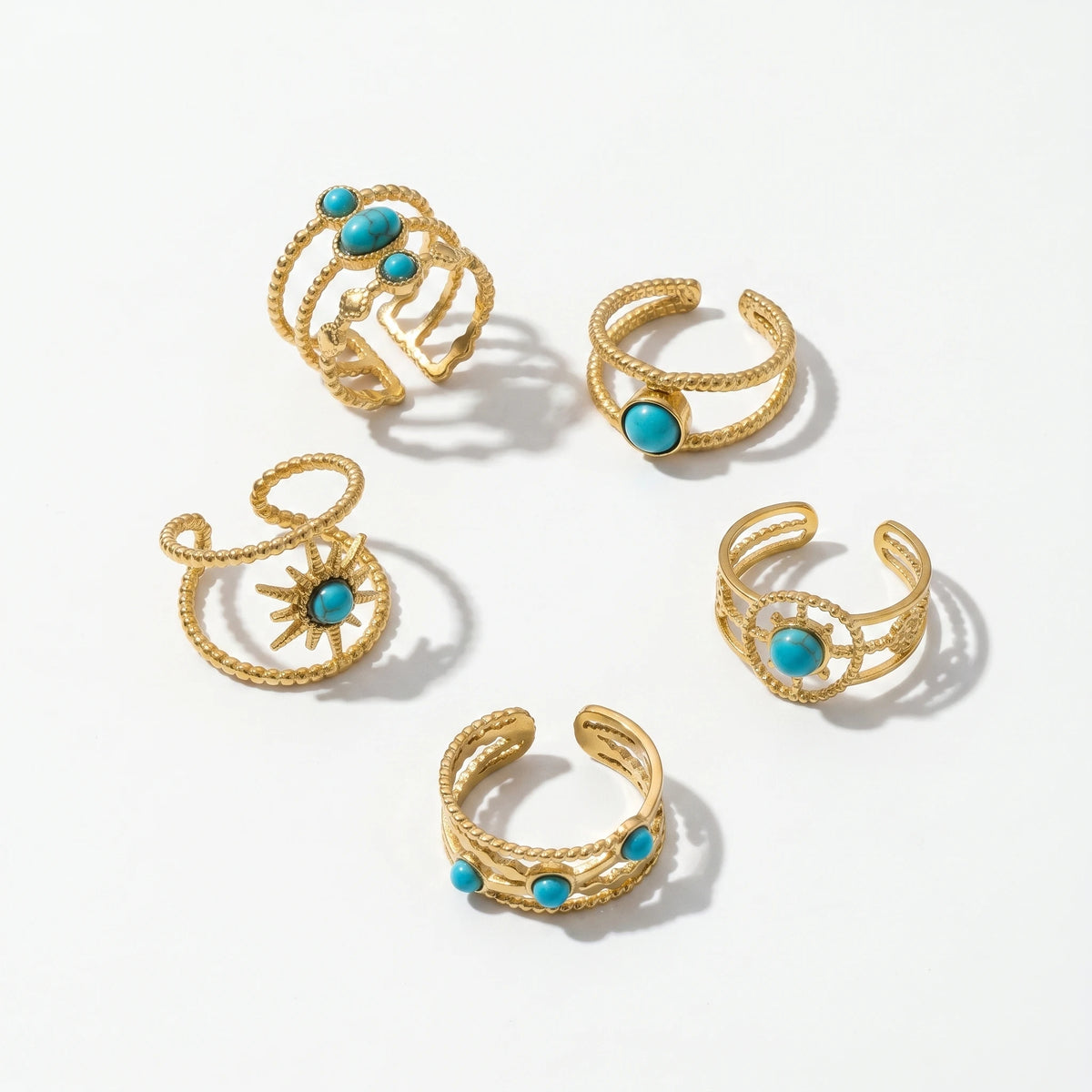 QIAOREN 13171-75 5Pcs Gold Stainless Steel Turquoise Open Ring Set Irregular Hammered Crown Adjustable Boho Stackable Rings