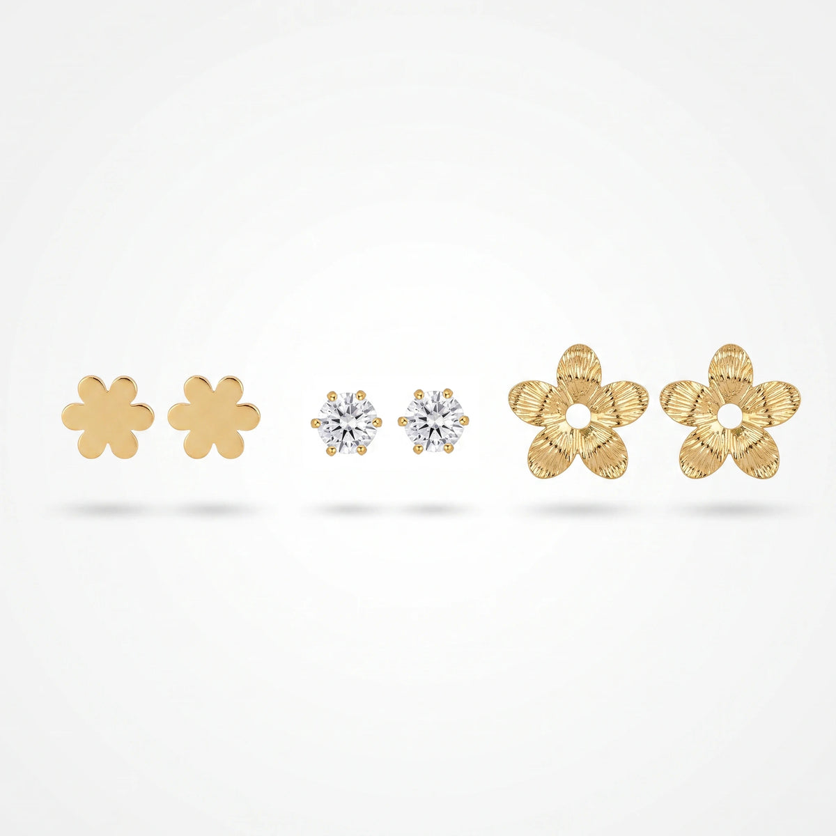 QIAOREN 13254  3 PCS Set 18K Gold Plated Stainless Steel Flower Zircon Stud Earrings Set Solid Plain Flower Round CZ