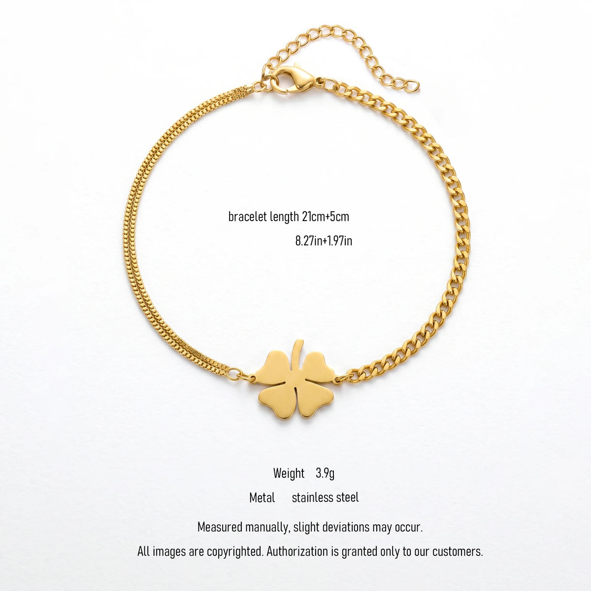QIAOREN 10778 Dainty 18K Gold Plated Stainless Steel Four Leaf Clover Charm Bracelet Waterproof Double Chain Jewelry