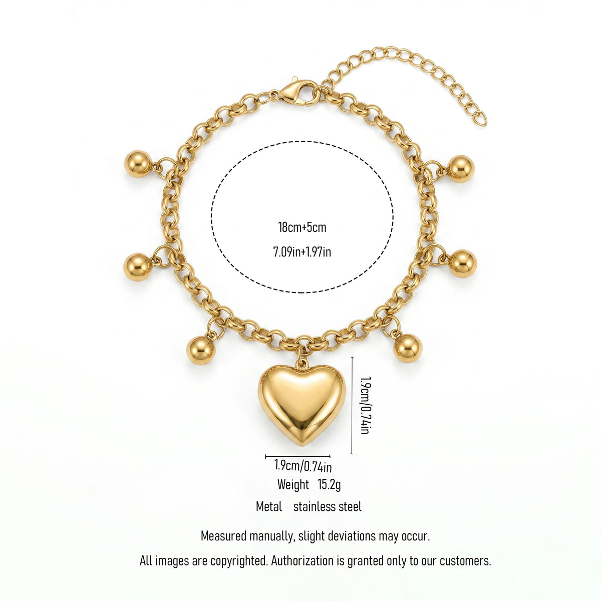 QIAOREN 11428 Rust Proof Waterproof 18K Gold Plated Stainless Steel Puffy Heart Ball Charm Bracelet