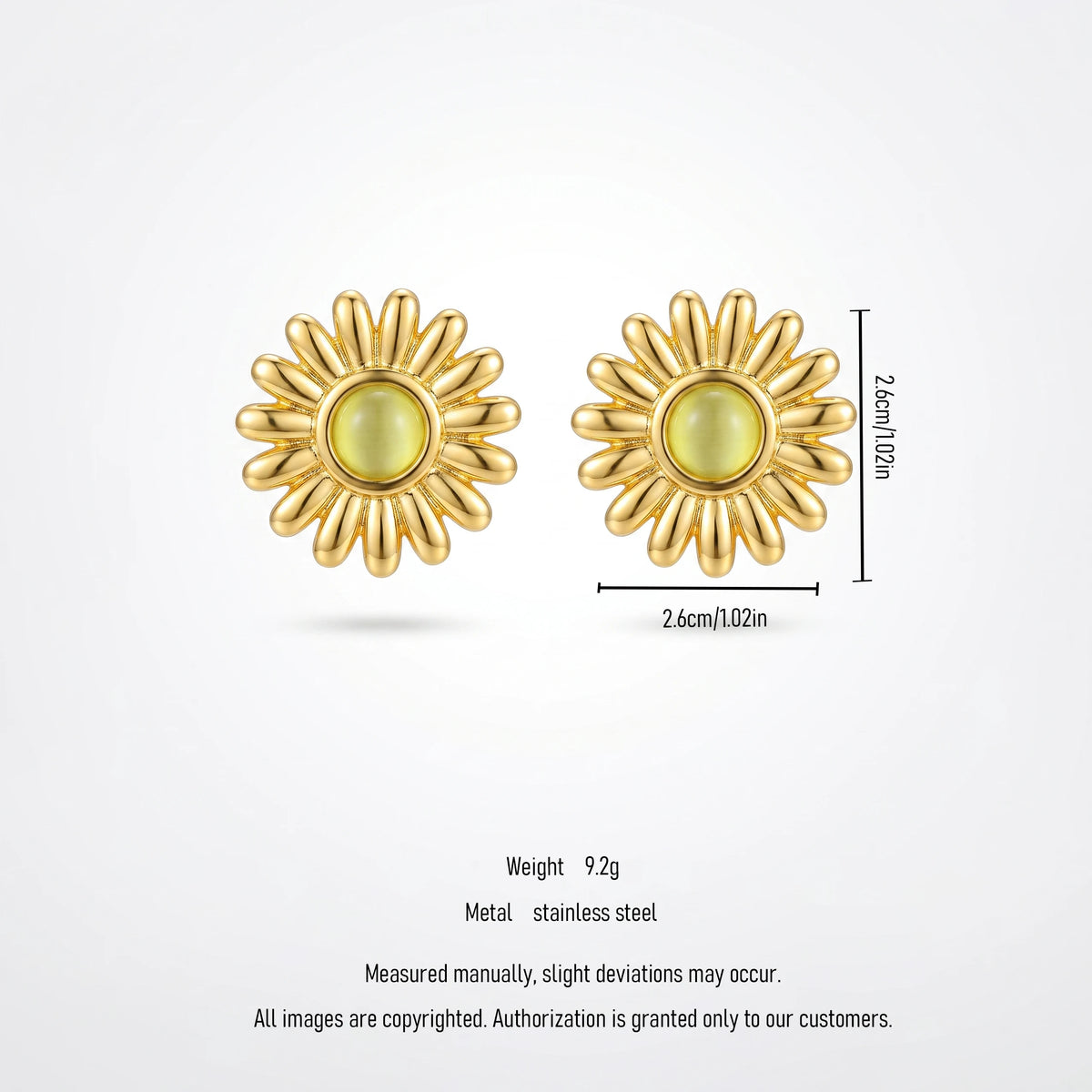 QIAOREN 13265 Gold Tone Daisy Flower Stud Earrings Inlaid Round Yellow Cat Eye Stone Sunflower Shape Pin Studs Warm Retro Gentle
