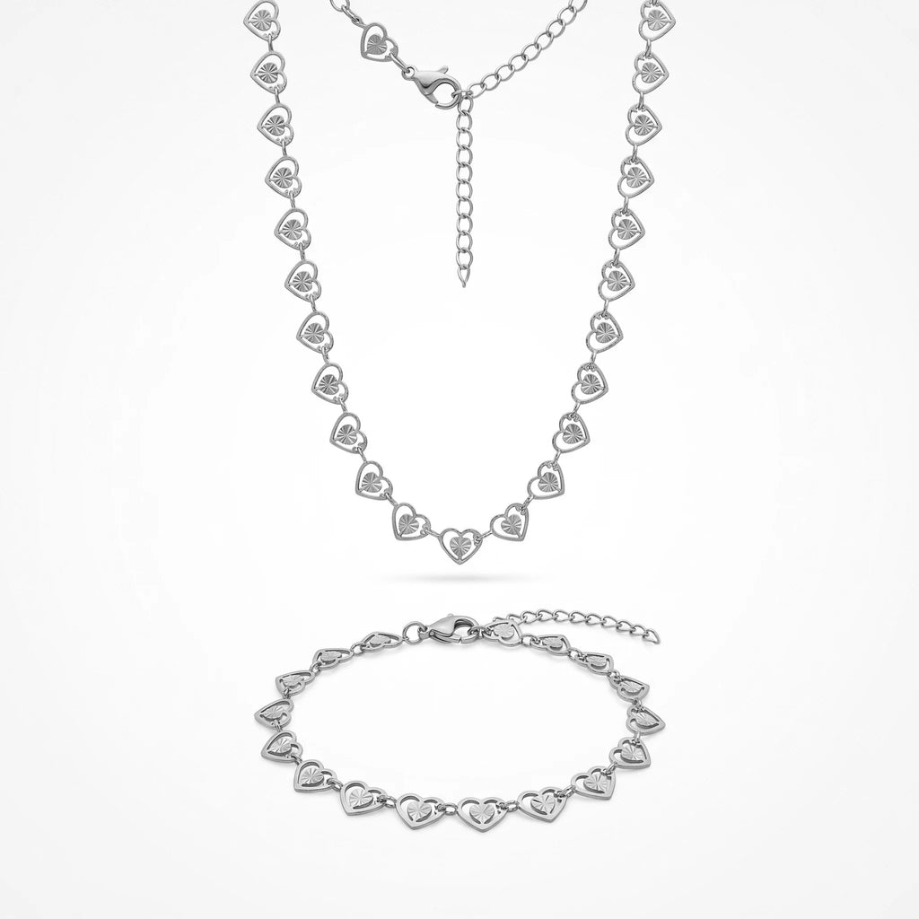 QIAOREN Minimalist Textured Hollow Heart Gold Plated Stainless Steel Necklace & Bracelet Set for Women Daily Wear Jewelry