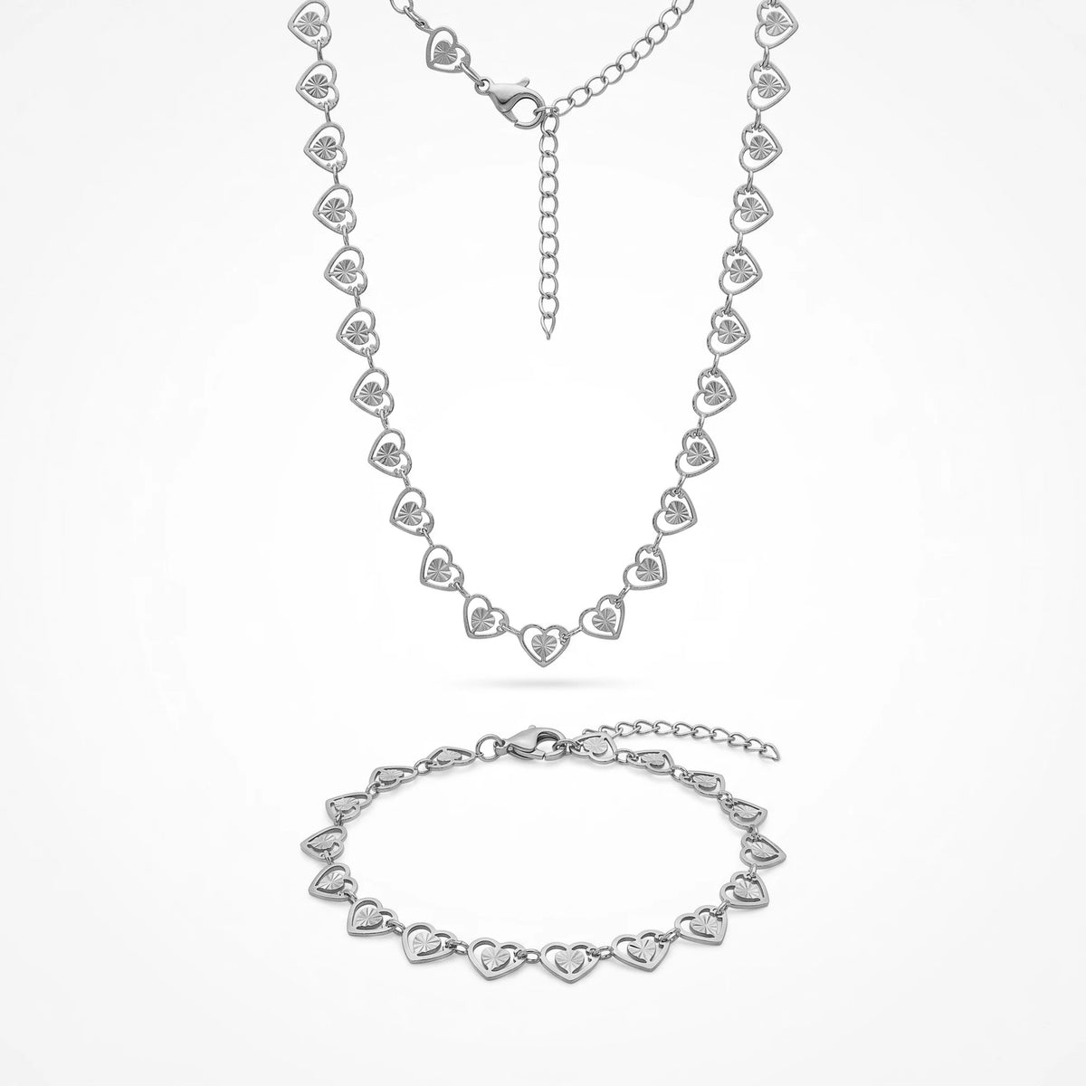 QIAOREN Minimalist Textured Hollow Heart Gold Plated Stainless Steel Necklace & Bracelet Set for Women Daily Wear Jewelry