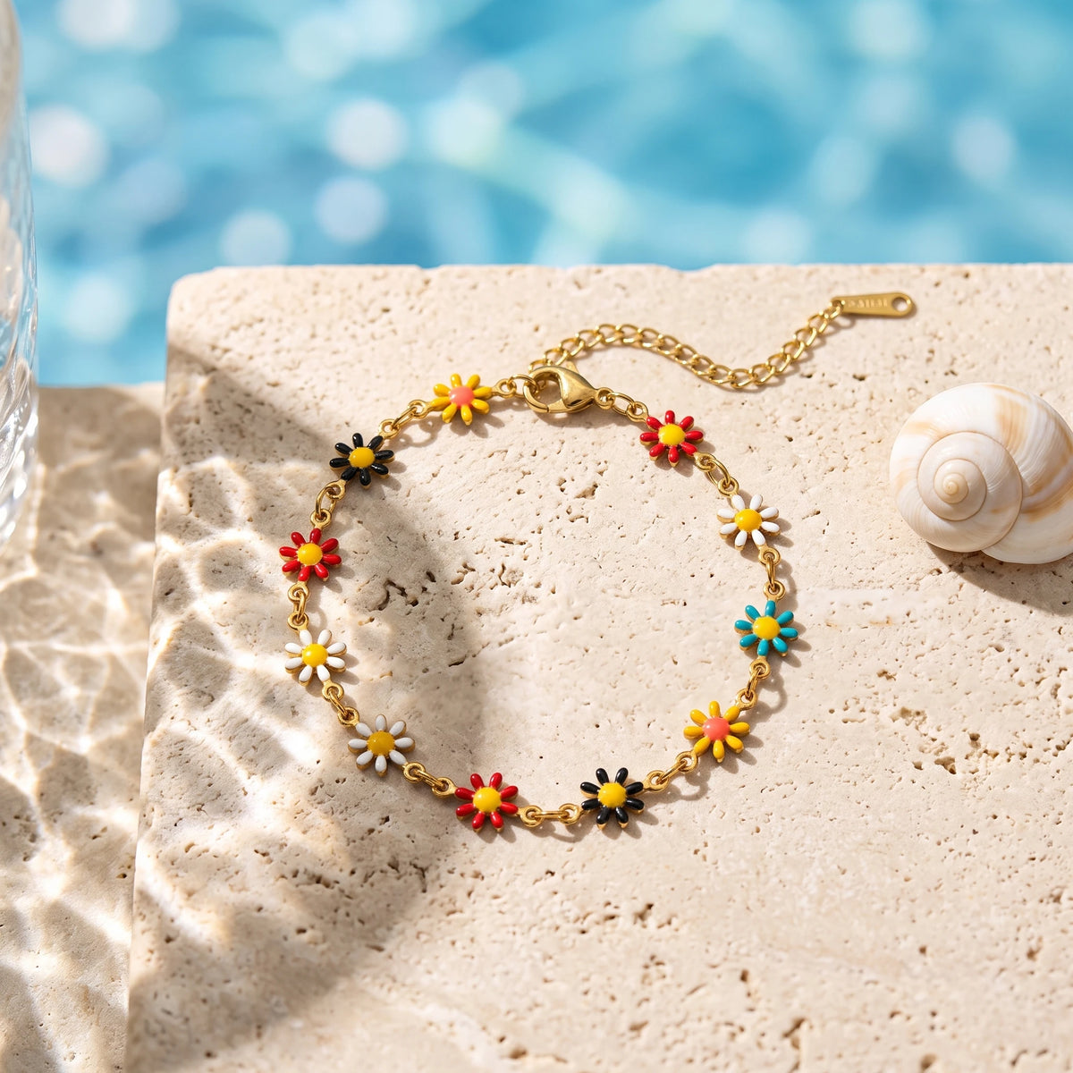 QIAOREN 13355 Gold Plated Stainless Steel Colorful Daisy Flower Bracelet Enamel Boho Summer Jewelry for Women