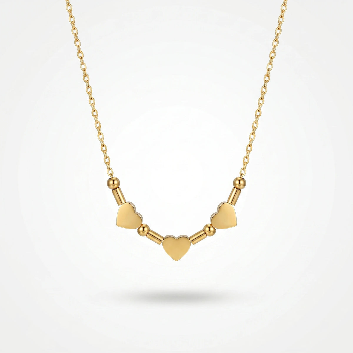 QIAOREN 11780 18K Gold Plated Stainless Steel Three Heart Beaded Bar Necklace Dainty Love Jewelry Gift for US European Women