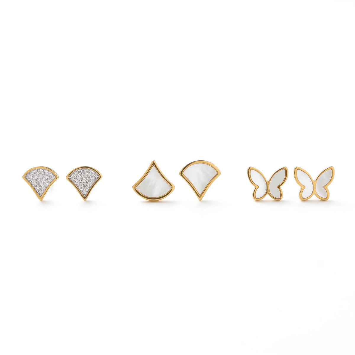 QIAOREN 14450 3 Pair Gold Stainless Steel Stud Earrings, White Quartz Fan & Quartz Butterfly for Women Daily Casual Outfits
