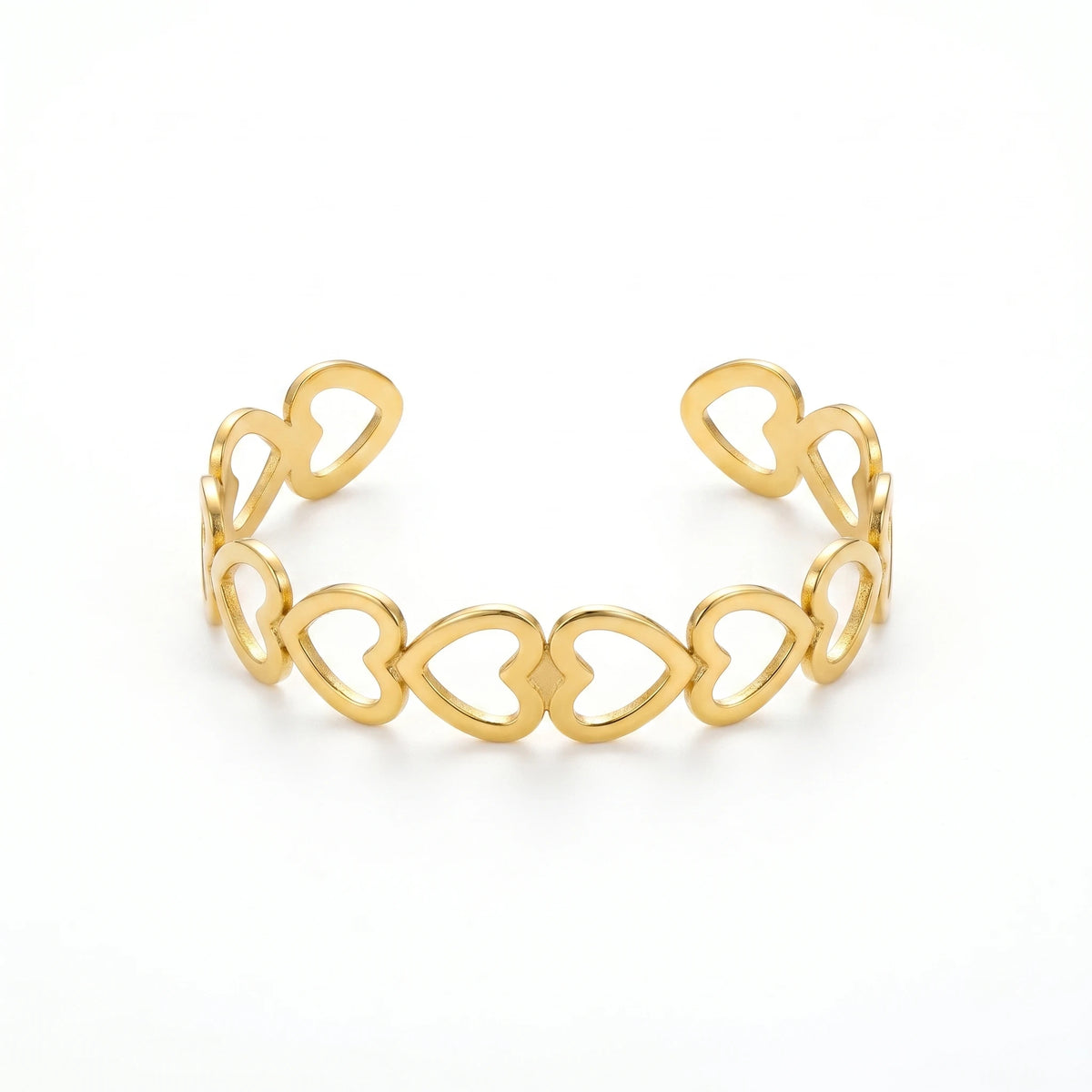 QIAOREN 12723 Stainless Steel Adjustable Heart Open Cuff Bracelet 18K Gold Plated Hollow Heart Bangle for Women