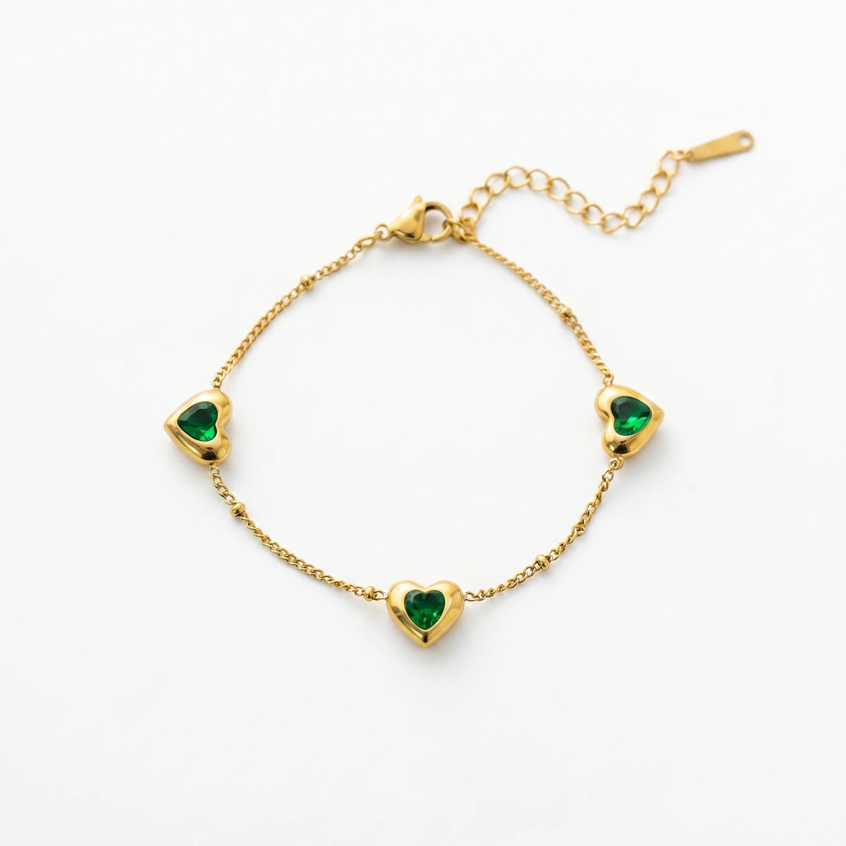 QIAOREN 13287 Gold Plated Stainless Steel Green Heart CZ Bracelet Dainty Chain Bracelet Minimalist Jewelry for Women