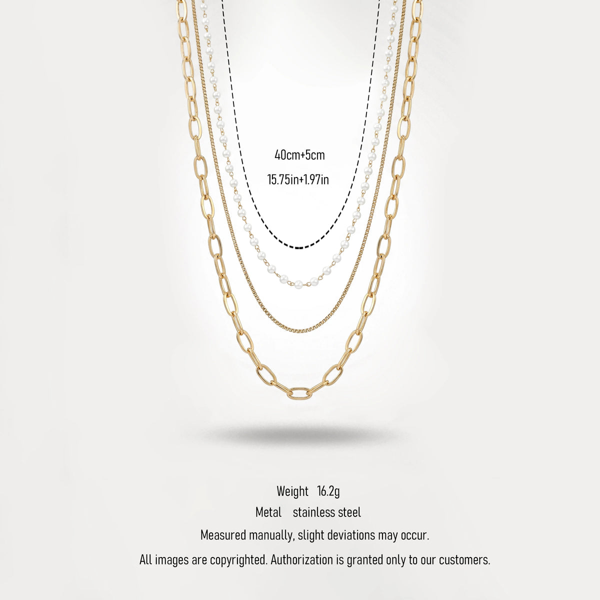 QIAOREN 11353 18K Gold Plated 3 Layered Pearl & Paperclip Chain Necklace Stainless Steel Tarnish Free