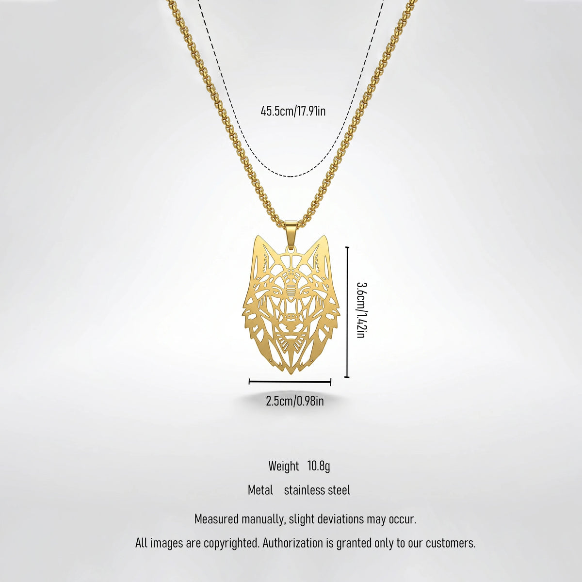 QIAOREN 12045 Gold Plated Stainless Steel Wolf Head Pendant Necklace Cutout Animal Charm Box Chain Punk Jewelry for Men Women