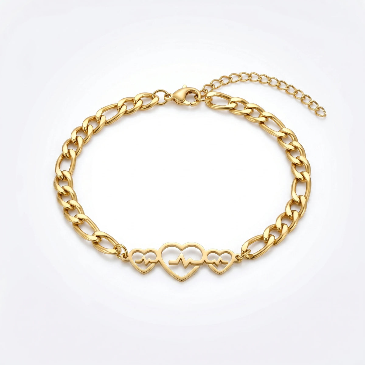 QIAOREN 11736 Tarnish Free 18K Gold Stainless Steel Heartbeat Anklet Cuban Chain Adjustable Foot Chain