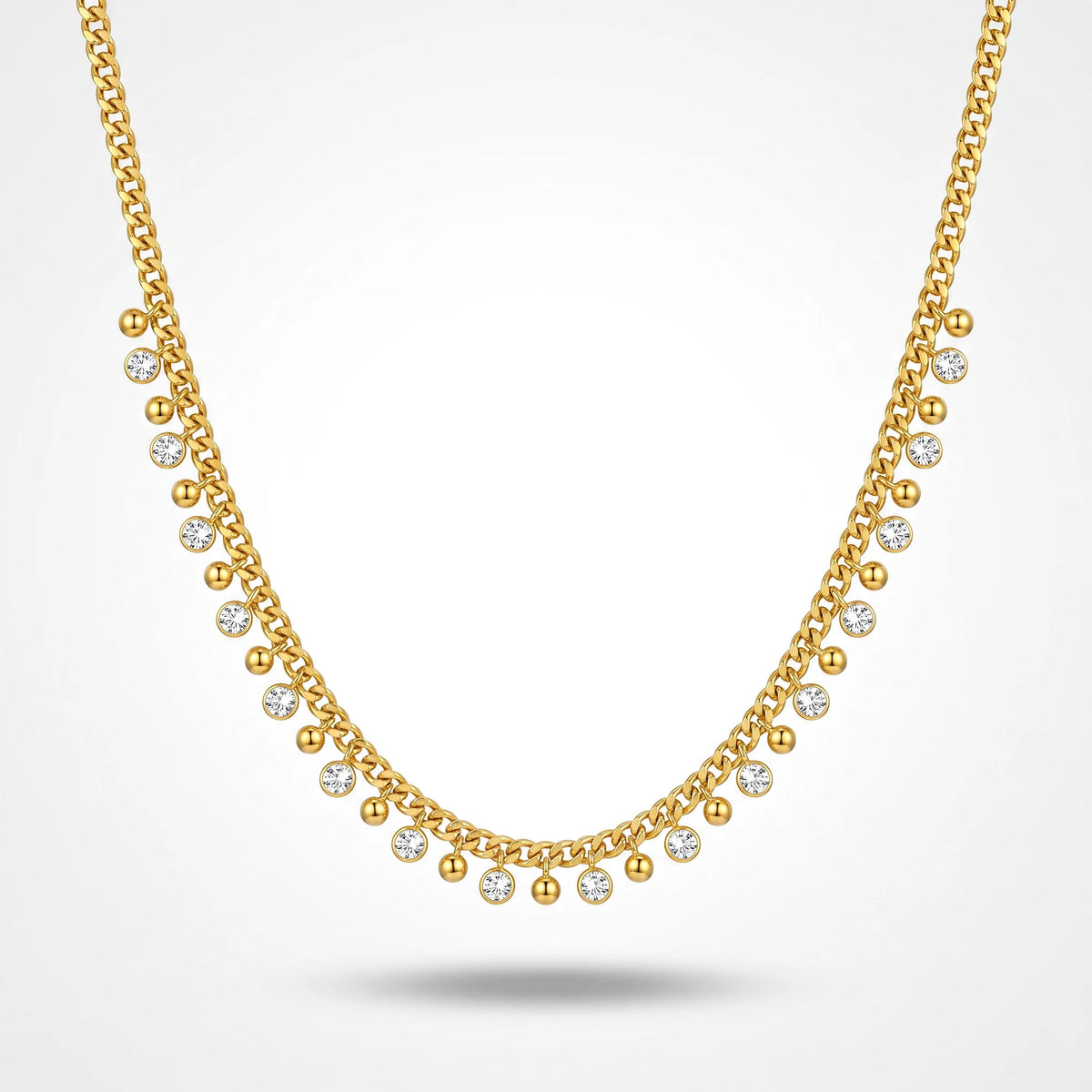 QIAOREN 13501 Chunky Cuban Chain Choker Necklace with Dangle Round Ball & Bezel Crystal Charms, Dainty Gold Station Necklace