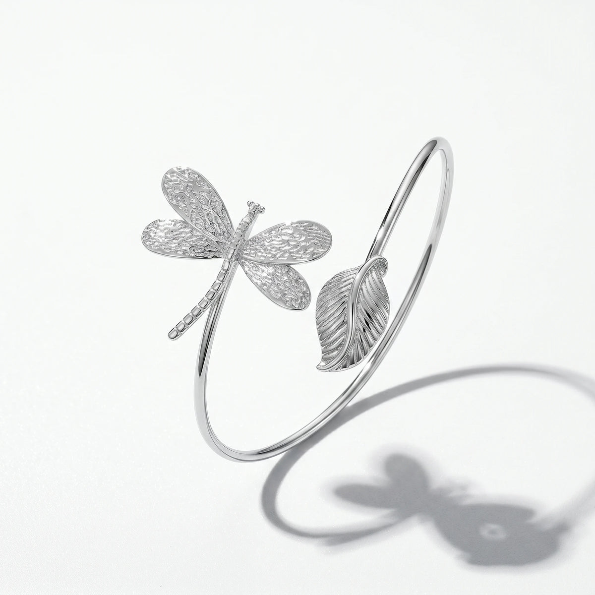 QIAOREN 12776 Stainless Steel Dragonfly Leaf Open Cuff Bangle Adjustable Silver Nature Wrist Bracelet for Women