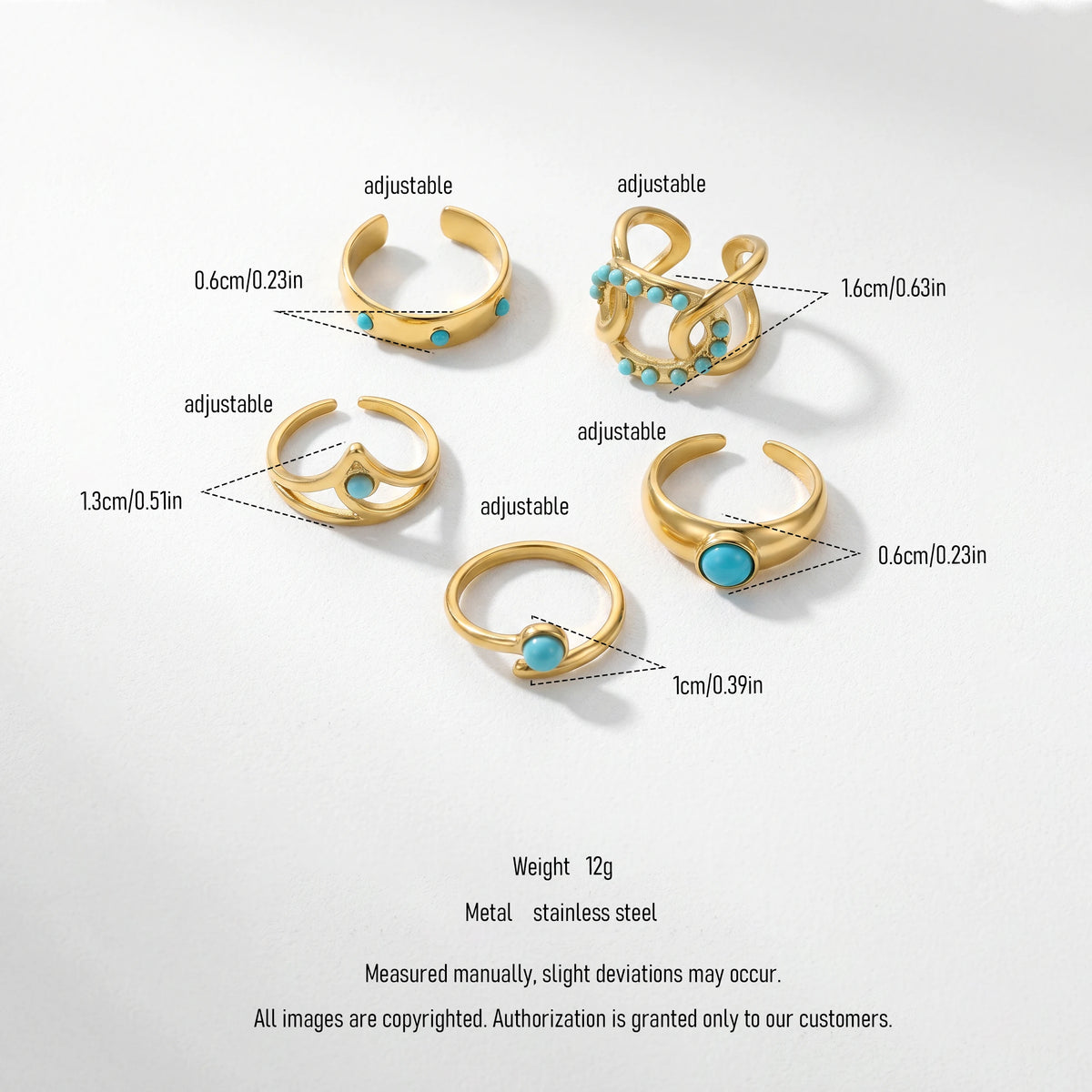 QIAOREN 5Pcs Gold Stainless Steel Turquoise Open Ring Set Irregular Hammered Crown Adjustable Boho Stackable Rings