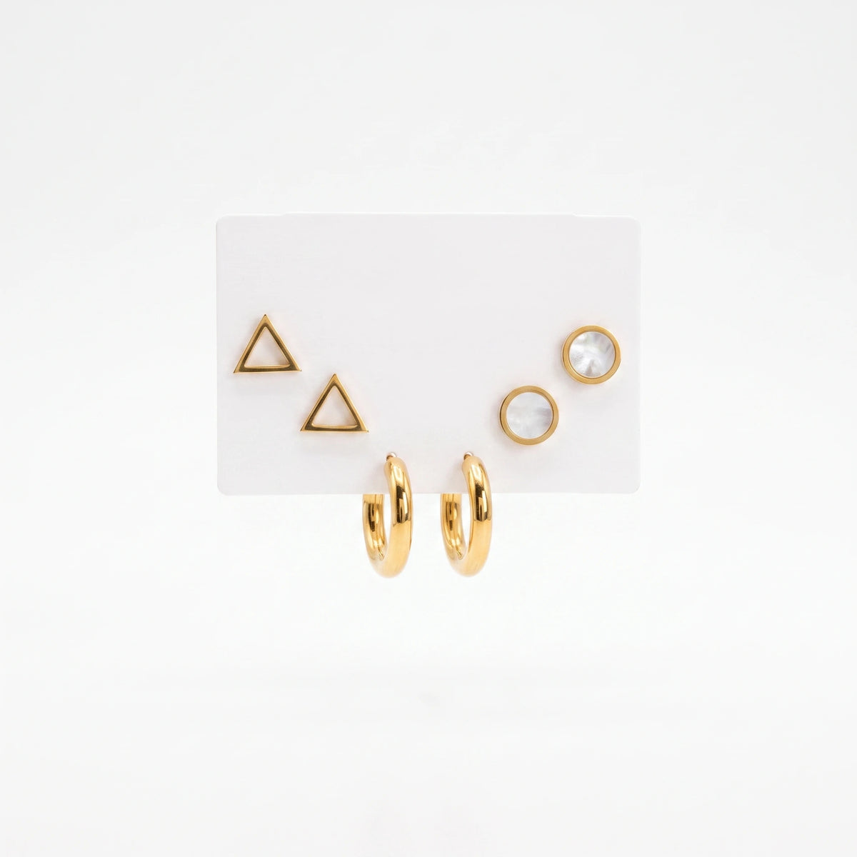 QIAOREN 14470 3 Pair Gold Stainless Steel Earrings Set, Triangle Shell Studs, Round Shell Inlay Studs & Thick Smooth Stud
