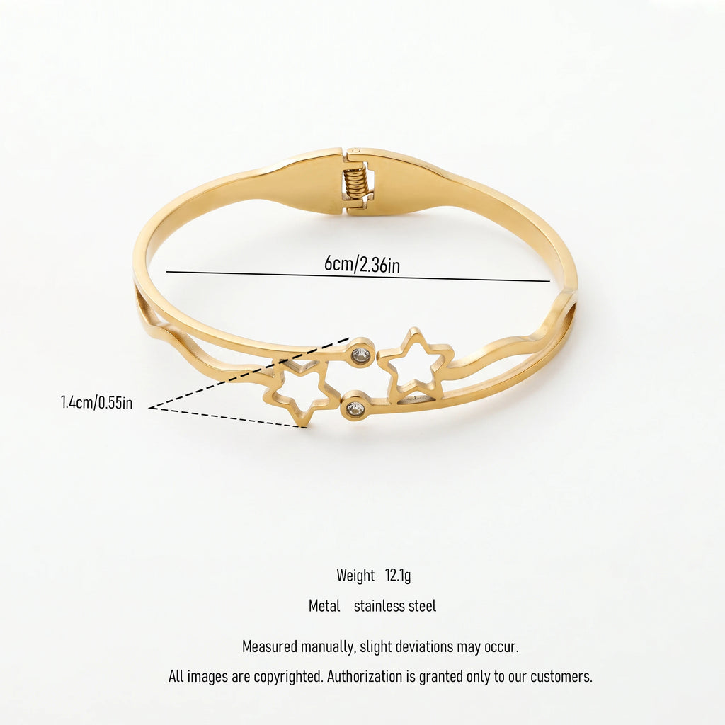 QIAOREN 13652 Open Spring Cuff Bangle with Hollow Double Star & Tiny Round Zircon Inlay, Wavy Curved Thin Gold Bangle